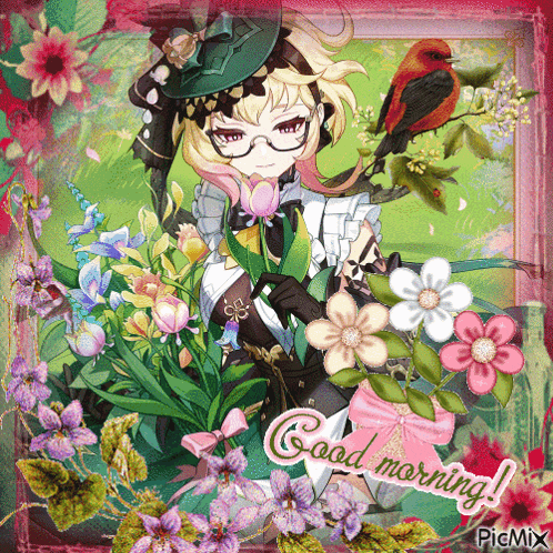 a picture of a girl surrounded by flowers with the words good morning