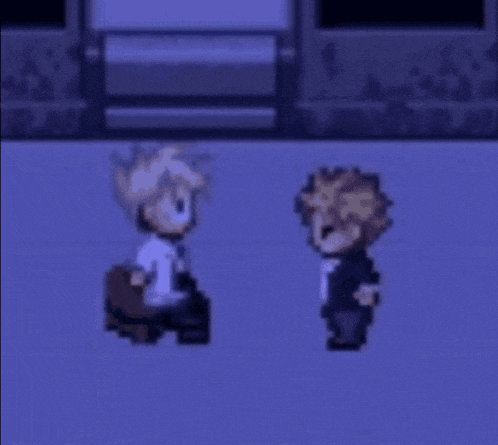 two pixel art characters are standing next to each other on a blue background in a video game .