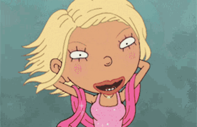 a cartoon girl with blonde hair is wearing a pink shirt