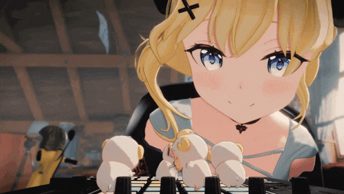 a blonde anime girl with a cross on her head