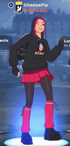 a girl in a black hoodie and pink skirt is standing in front of a sign that says " cheesepip not ready "
