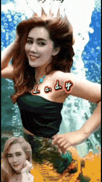 a woman in a mermaid costume has lady written on her arm