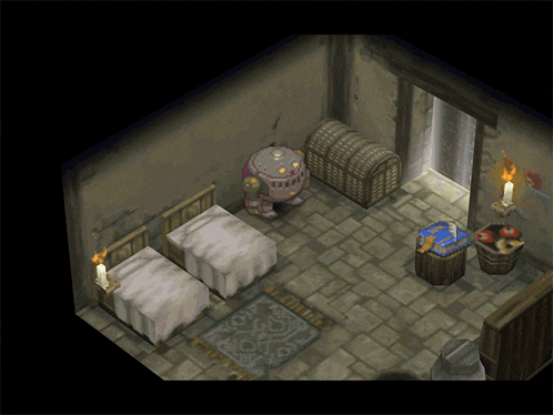 a room in a video game with two beds a treasure chest and a robot