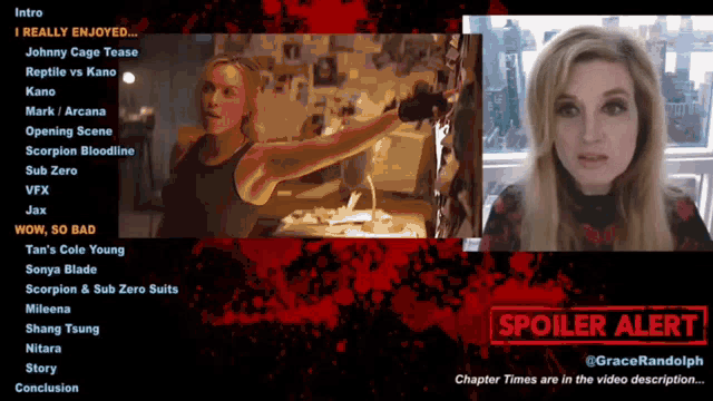 a screen shows a woman holding a gun and the words spoiler alert at the bottom