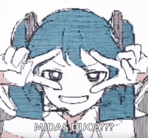 a drawing of a girl making a peace sign with her hands and the words midas duo on the bottom .