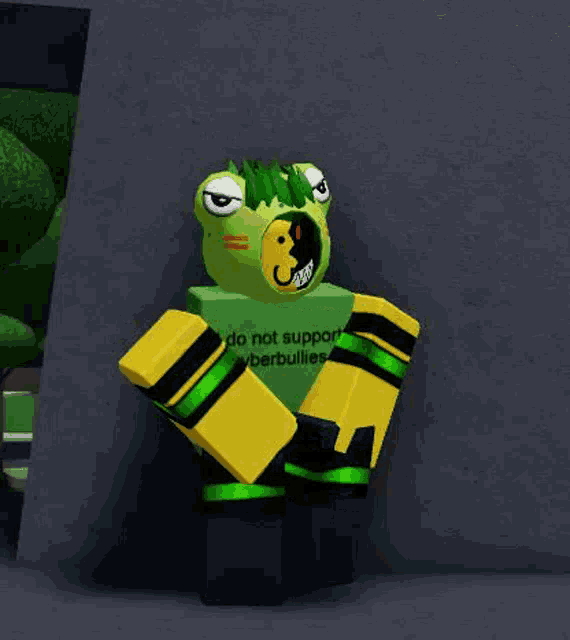 a frog with green hair and yellow arms is standing in front of a wall in a video game .