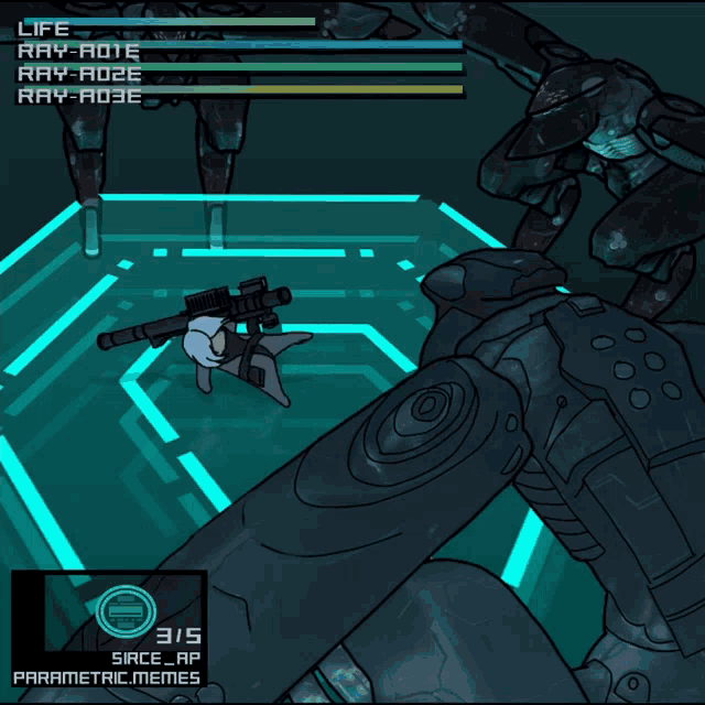 a video game screen shows a robot 's life and stats