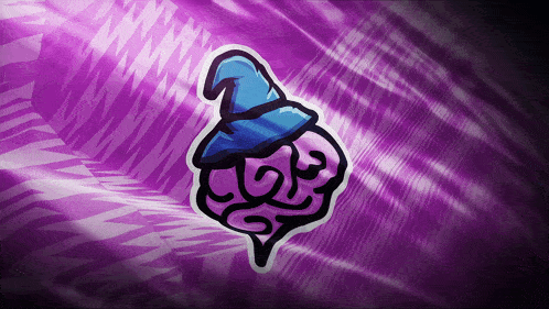 a pink brain with a blue witch hat on a purple background