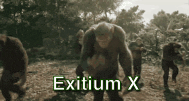 a group of monkeys are walking in a field with the words exitium x written on the bottom