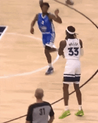 a basketball player with the number 33 on his jersey dribbles the ball