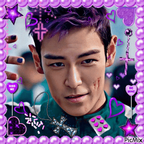 a picture of a man with purple hair is surrounded by purple hearts and pearls