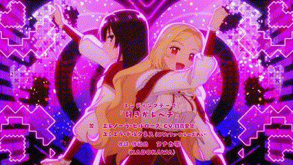 two anime girls are standing next to each other with their hands in the air .