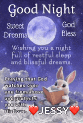 a picture of a bunny reading a book with the words good night sweet dreams and god bless