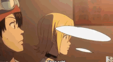 a boy and a girl are standing next to each other with a speech bubble that says that 's rude .
