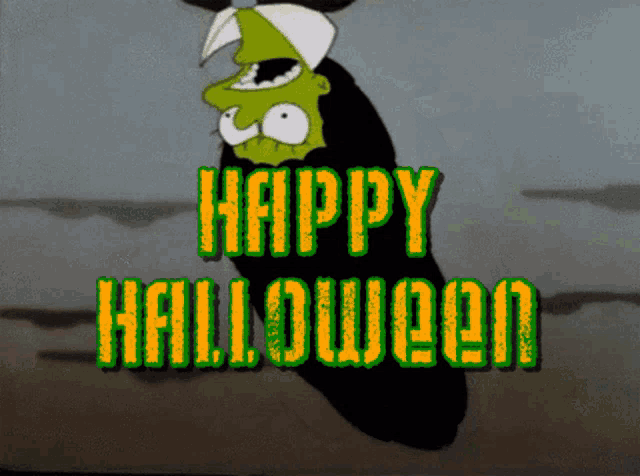 a cartoon character says " happy halloween " in green and yellow letters