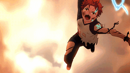 a young boy is flying through the air with a lightning bolt behind him