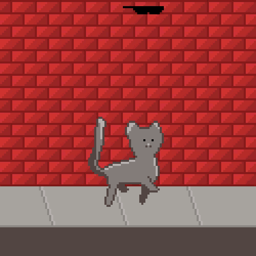 a pixel art of a cat wearing sunglasses in front of a brick wall