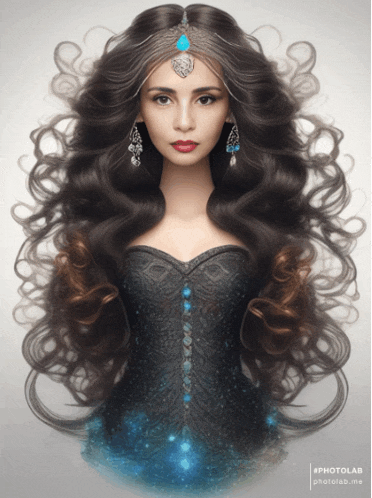 a portrait of a woman with long hair and a turquoise pendant on her head