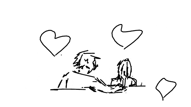 a black and white drawing of a person with hearts around them