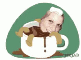 a woman 's face is sticking out of a coffee cup