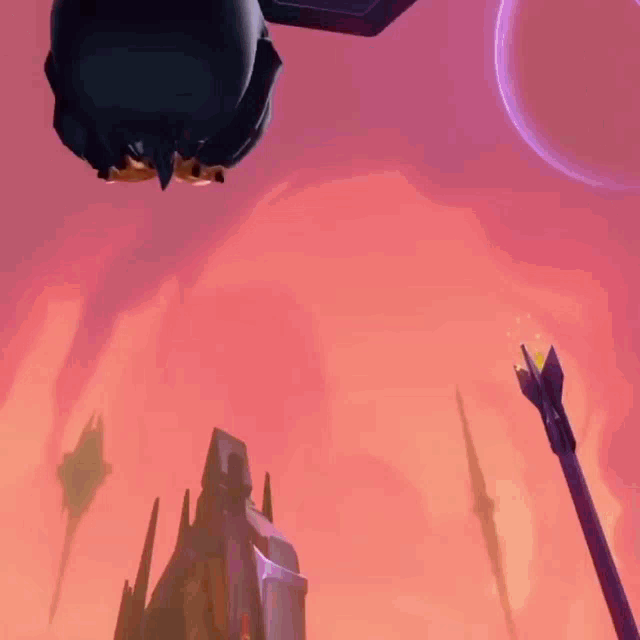 a cartoon character is flying through a pink sky with an arrow pointing at it