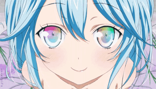 a girl with blue hair and rainbow eyes looks at the camera