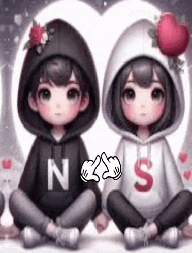 a boy and a girl are sitting next to each other wearing hoodies with the letters n and s on them .