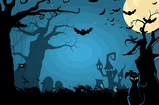 a black cat stands in front of a haunted house in a halloween scene