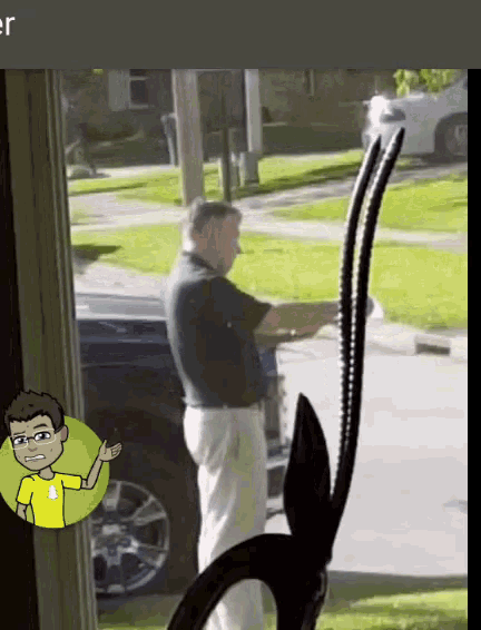 a cartoon of a man standing in front of a car with a sticker that says ' r ' on it