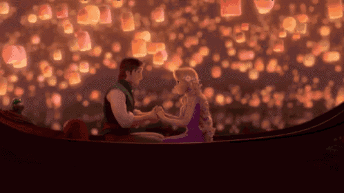 a man and woman holding hands in a boat with lanterns floating in the background