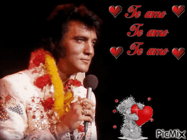 elvis presley singing into a microphone with a teddy bear holding a heart and the words te amo
