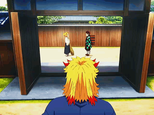 a cartoon of a man with yellow hair and red horns