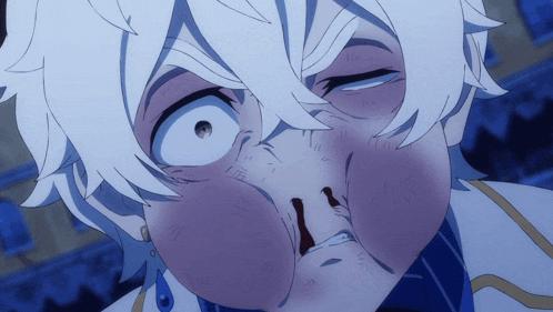 a close up of a cartoon character with white hair