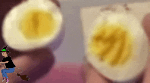a cartoon of a witch riding a broom in front of a hard boiled egg