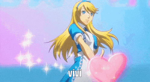a girl in a blue dress is dancing in front of a pink background with the word vivi written on it .
