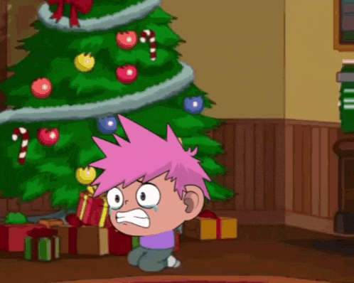 a cartoon character with pink hair is kneeling down in front of a christmas tree