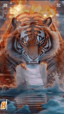 a painting of a tiger jumping out of the water