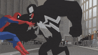a cartoon of spider man and venom fighting on a street