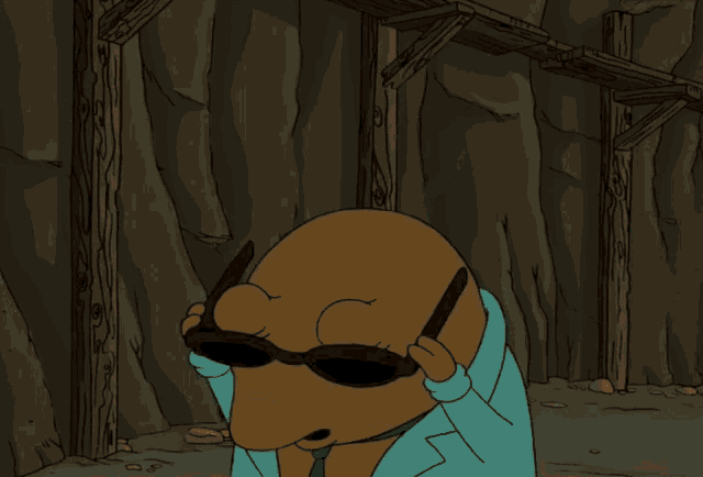 a cartoon character holding a pair of glasses with two eyes
