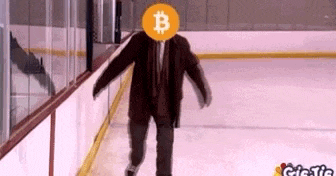 a man in a suit and tie with a bitcoin sign on his head is walking on a rink .