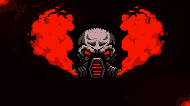 a skull wearing a gas mask with red eyes and smoke coming out of it