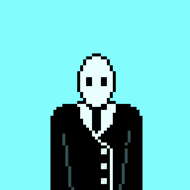 a pixel art of a man in a suit and tie giving the peace sign