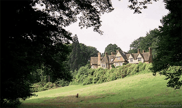 a large house sits on top of a lush green hillside surrounded by trees