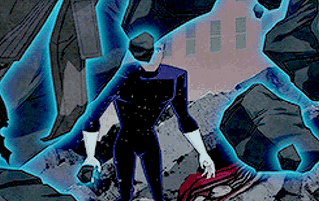 a cartoon of a man in a black suit standing on a pile of rocks