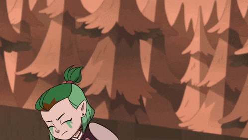 a cartoon drawing of a girl with green hair and a ponytail with trees in the background
