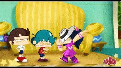 three cartoon characters are standing in front of a yellow couch ..