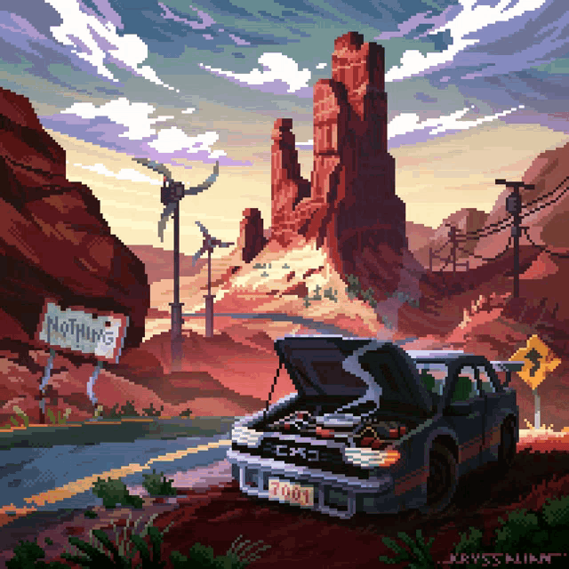 a pixel art drawing of a car with the hood open and a sign that says nothing