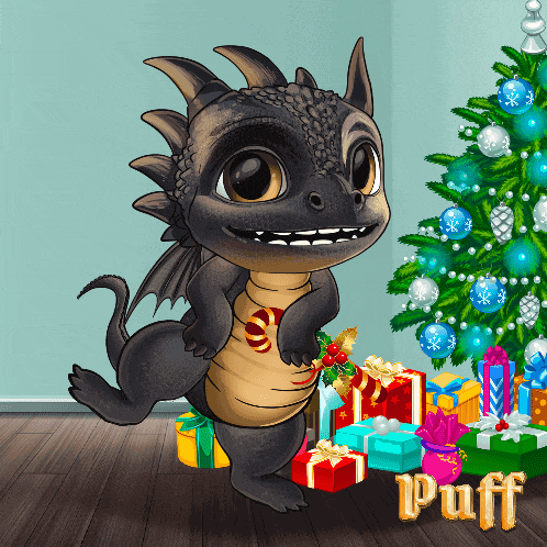 a cartoon of a dragon standing next to a christmas tree with the word puff in the corner