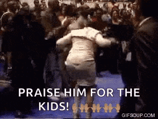 a woman is dancing in front of a crowd with the words `` praise him for the kids '' written on the bottom .
