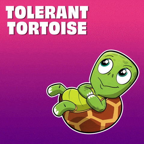 a cartoon of a turtle with the words tolerant tortoise above it